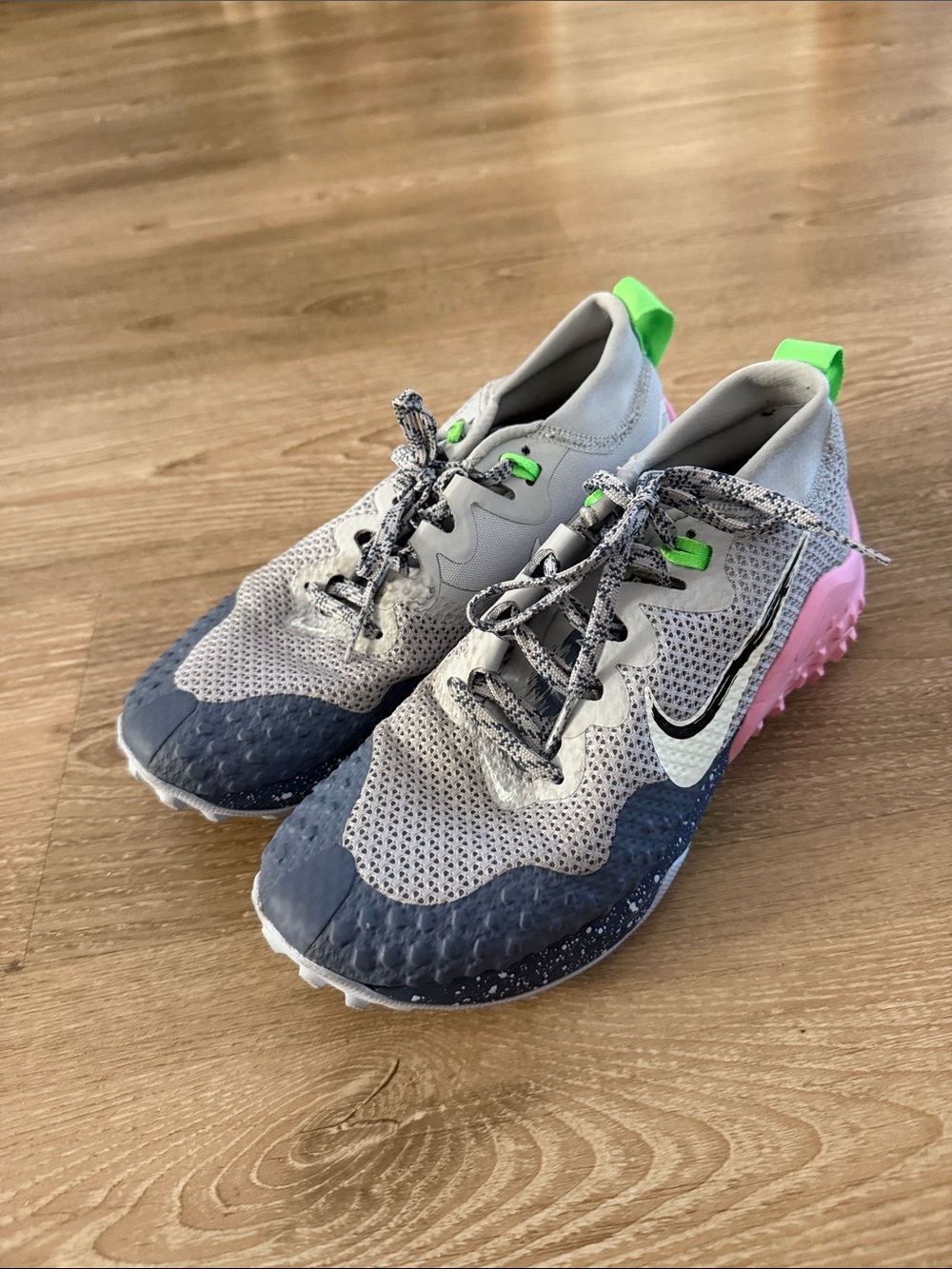 Nike Kids Grey Navy Pink Athletic Sneakers with Neon Green Tabs